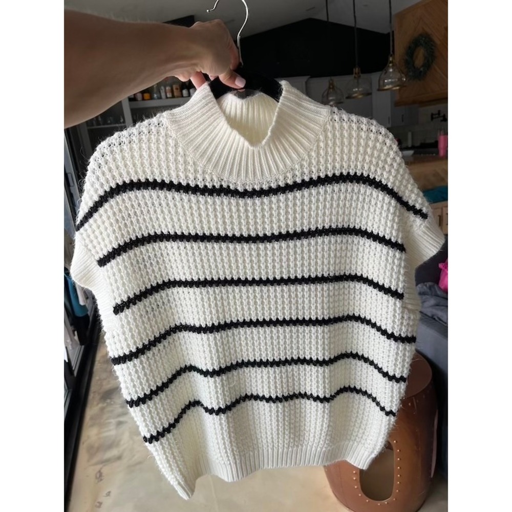 ANRABESS White Black Striped Mock Neck Sweater Vest Cap Sleeve Waffle Knit S
